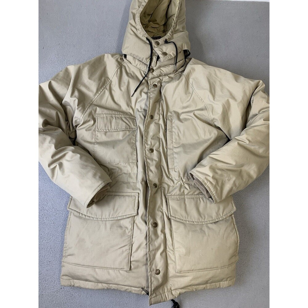 Eddie Bauer Jacket Mens Medium Quilted Goose Down Hooded Vintage 80s‎ Beige